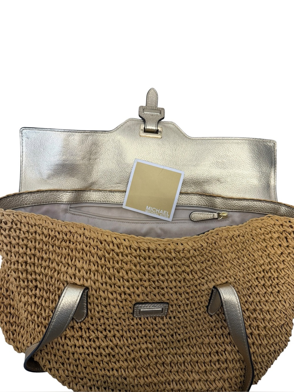 Michael Kors Naomi Large Woven Straw & Metallic Gold Leather Tote Bag - Picture 7 of 9